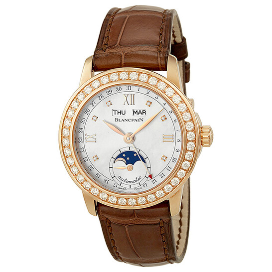 Blancpain Leman Moonphase Mother of Pearl Dial 18kt Rose Gold Brown Leather Diamond Ladies Watch 2360-2991A-55 - 546x546