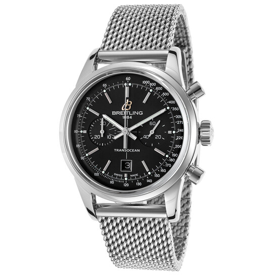 Breitling Transocean Chronograph 38 Black Dial Black Leather Men's Watch A4131012-BC06BKSLT - 546x546