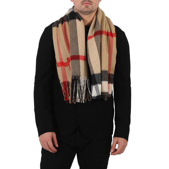 Burberry Archive Beige Half Mega Check Fringed Cashmere