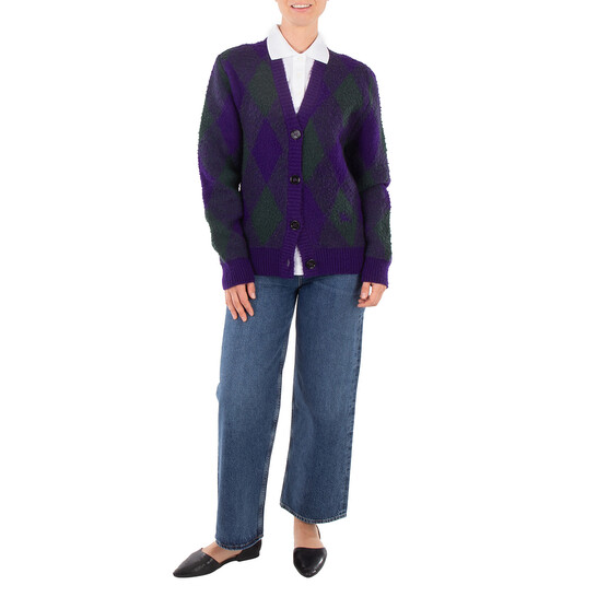 Burberry Argyle-Intarsia-Knit V-Neck Wool Cardigan, Size