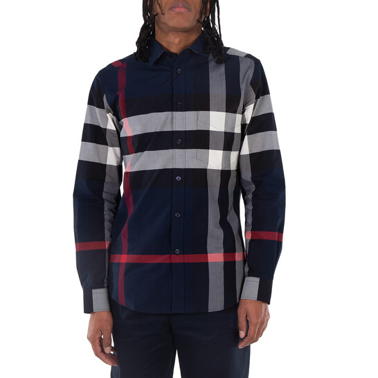 Burberry Check Stretch Poplin Shirt, Size Medium 8018111