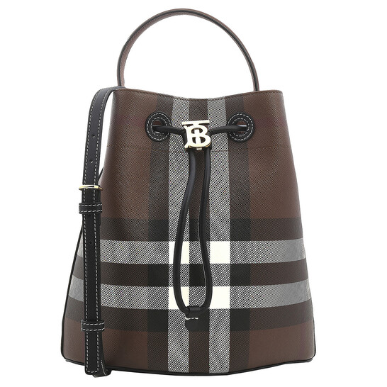 Burberry Dark Birch Brown Logo Plaque Checked Drawstring Shoulder