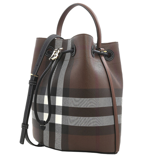 Burberry Dark Birch Brown Logo Plaque Checked Drawstring Shoulder