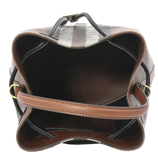 Burberry Dark Birch Brown Logo Plaque Checked Drawstring Shoulder