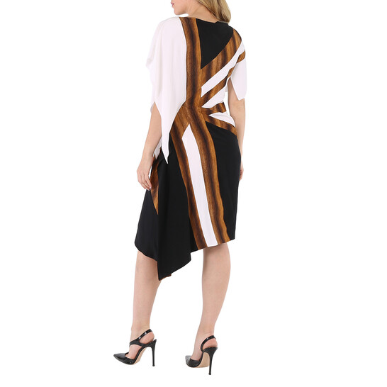Burberry Flag Intarsia Asymmetric Silk Dress In Black, Brand