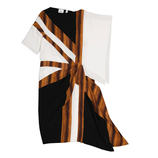 Burberry Flag Intarsia Asymmetric Silk Dress In Black, Brand