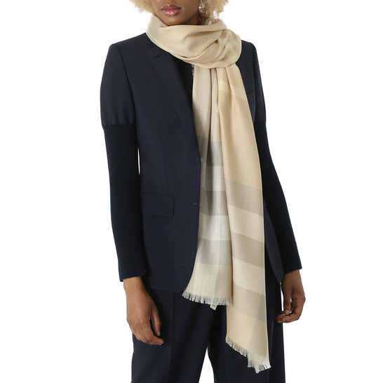 マフラー・ストール Burberry SS25 Embroidered wool blend scarf (8106061 C2528) Burberry Lightweight Check Wool And Silk Scarf | Neutrals