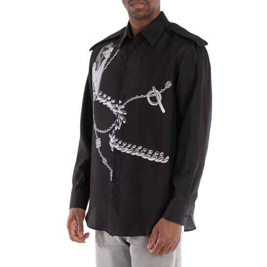 Burberry Knight Hardware Print Silk Shirt, Size Medium
