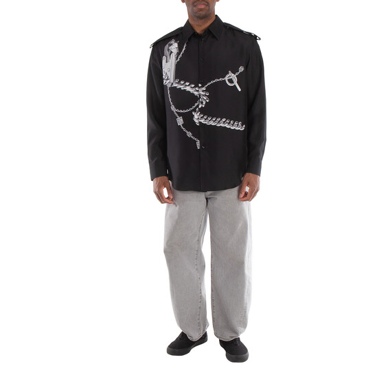 Burberry Knight Hardware Print Silk Shirt, Size Medium