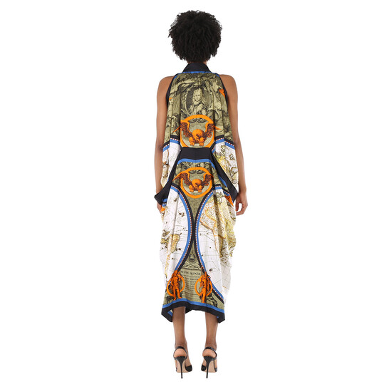 Burberry Ladies Antique Green Map Print Drape Silk Dress