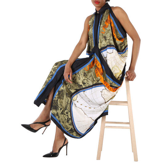 Burberry Ladies Antique Green Map Print Drape Silk Dress Burberry Ladies Antique Green Map Print Drape Silk Dress