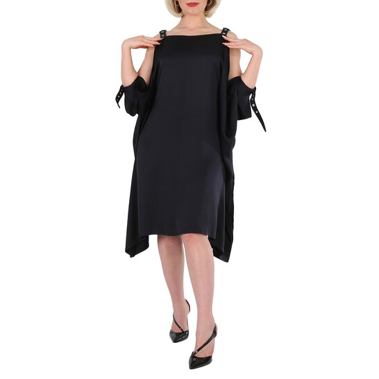 ワンピース BURBERRY BLACK SATIN DRESS Burberry Ladies Black Miley Strap Detail Location Print Silk