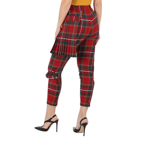 Burberry Ladies Bright Red Royal Tartan Punk Trousers, Brand