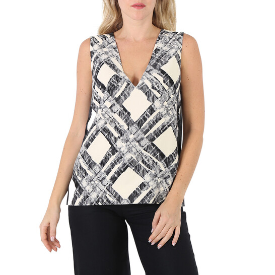Burberry Ladies Check Print Wool Silk V-back Top, Brand Size 4 (US