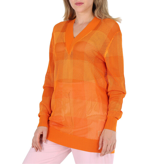 Burberry Ladies Deep Orange Zoie Check Mesh Lace V-Neck Jumper