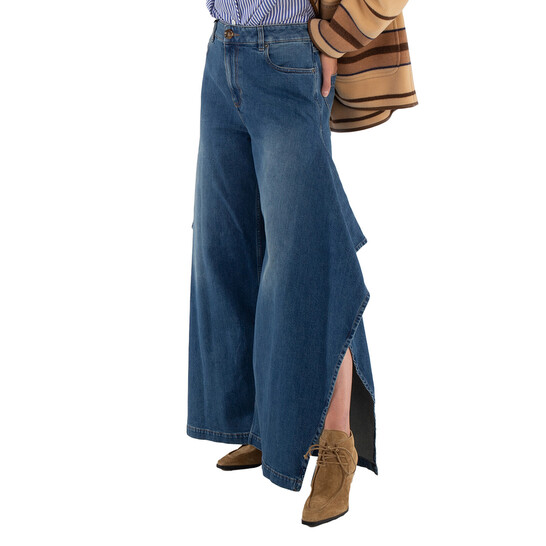 Burberry Ladies Deep Slate Blue Wide-Leg Draped Denim Jeans