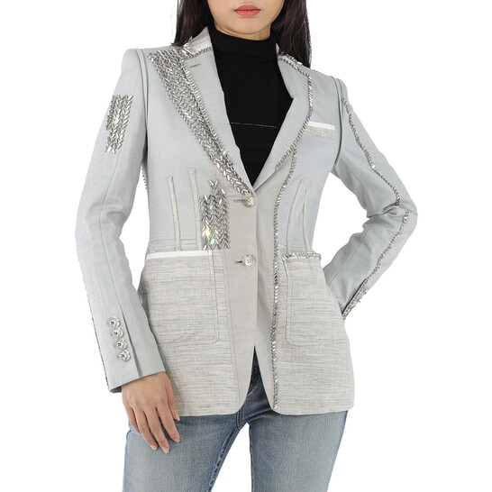 Burberry Grey Melange Technical Linen Blazer with Crystal