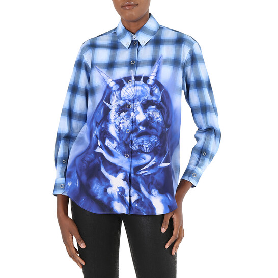 Burberry Ladies Ink Blue Sea Maiden Print Plaid Shirt, Brand