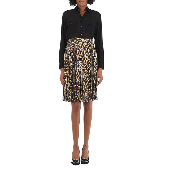 Burberry Ladies Leopard Print Stretch Silk Pleated Skirt, Brand