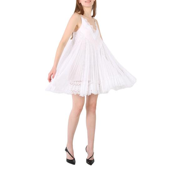 Burberry Ladies Optic White Fishnet And Lace Pleated Dress