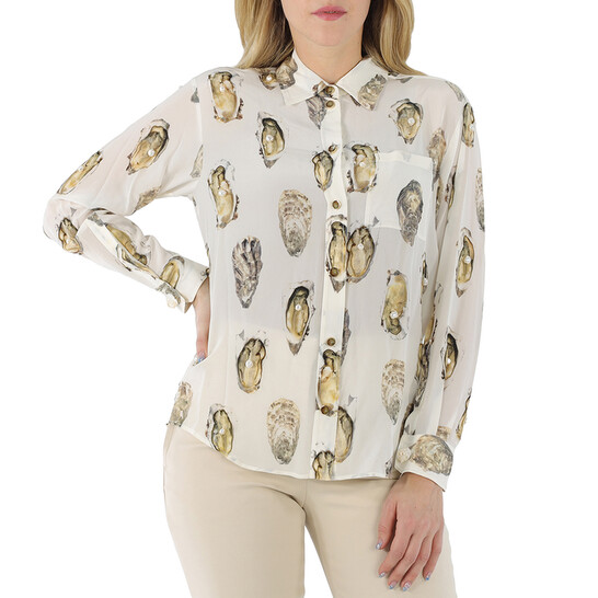 Burberry Ladies Oyster- Print Pearl- Embellished Shirt