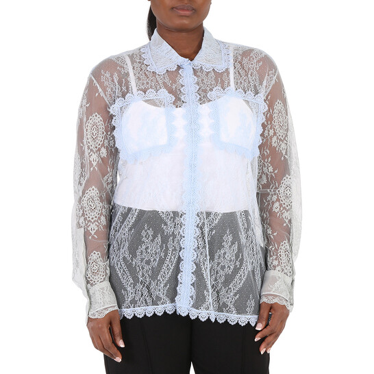 Burberry Ladies Pale Blue Long-sleeve Lace Shirt, Brand Size 6 (US