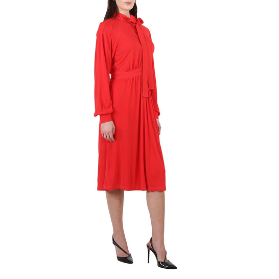 【送料&関税込】Burberry Pieper Dress Burberry Ladies Red Topstitch Detail Jersey Tie-neck Dress