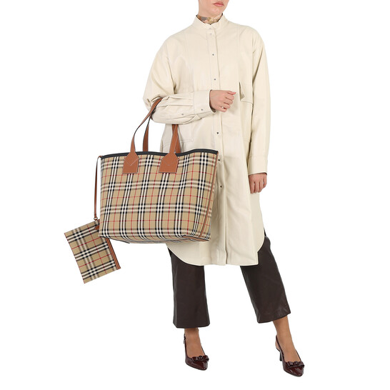 Burberry Large Check Cotton Canvas London Tote Bag - Briar
