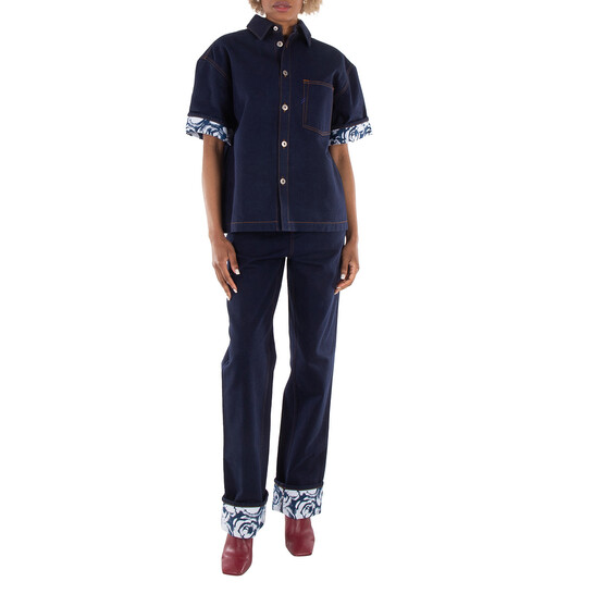 Burberry Logo-Patch Denim Cotton Shirt, Size Small 8080781