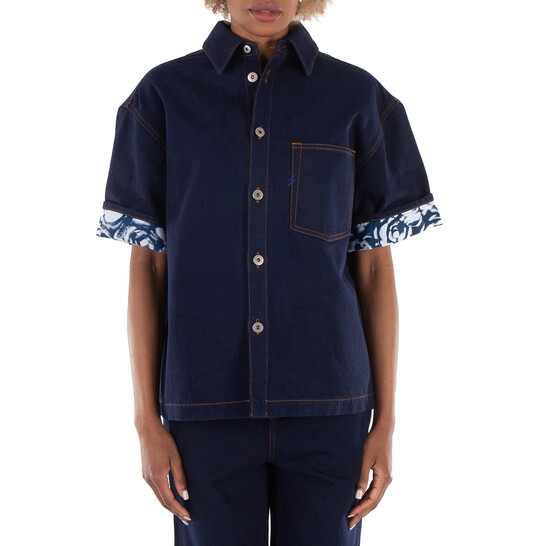 Burberry Logo-Patch Denim Cotton Shirt, Size Small 8080781