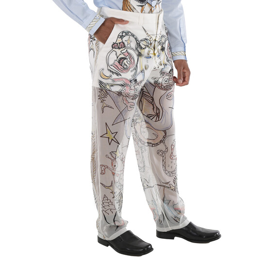 Burberry Marine Sketch Print Layered Silk Trousers, Size 44