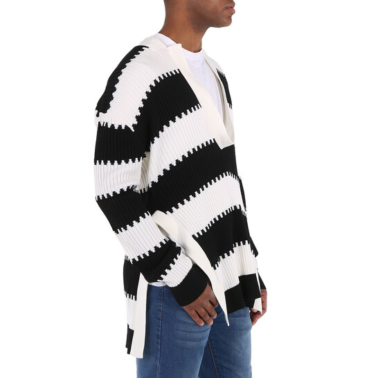 Burberry Men's Black Side-slit Striped Rib Knit Wool Sweater