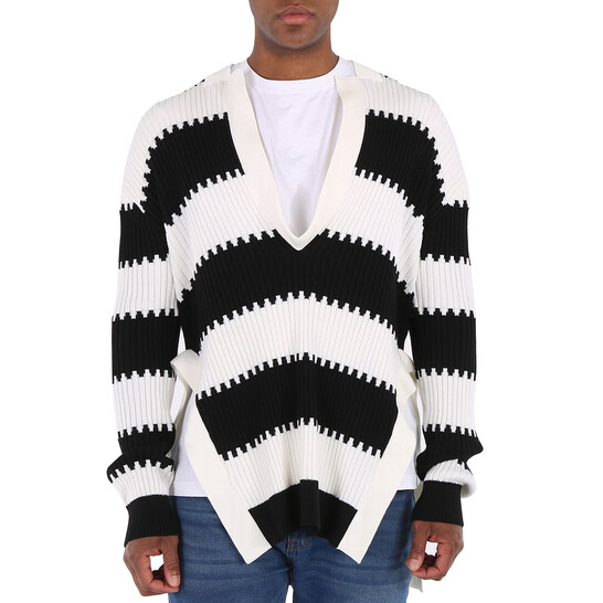 Burberry Men's Black Side-slit Striped Rib Knit Wool Sweater, Size