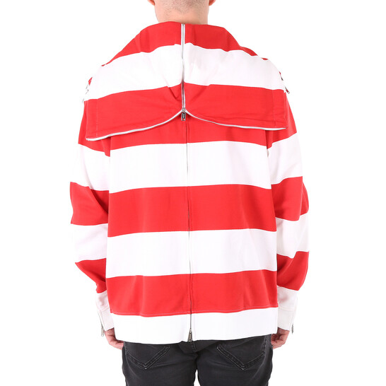 Burberry Men's Red Zip Detail Striped Cotton Hoodie, Size