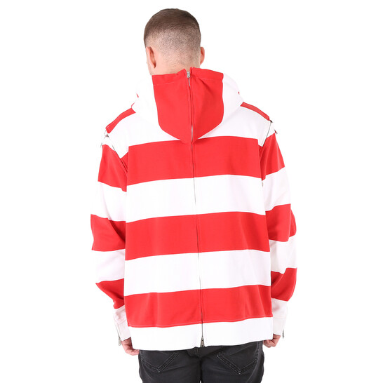 BURBERRY★RED WHITE STRIPED COTTON LOGO ZIP SLEEVES HOODIE BURBERRY RED 2 IN 1 WHITE STRIPED COTTON LOGO DETACHABLE ZIP