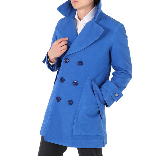 Burberry Brit ダブルブレストピーコート 紺 Burberry Men's Warm Royal Blue Double-Breasted Cotton