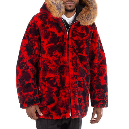 BURBERRY フード付きレッドジャケット 42 Burberry Shearling Jacket With Floral Print, Size Large