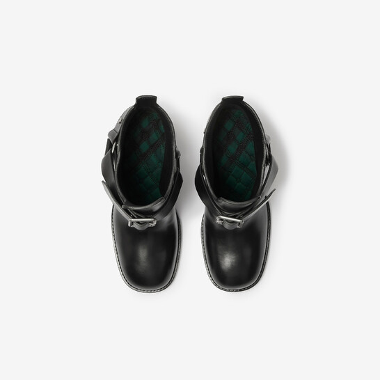 【送料&関税込】Burberry Round-toe Slip-on Heeled Boots Burberry Saddle Low Harness Strap Boots Women's 37.5 Black
