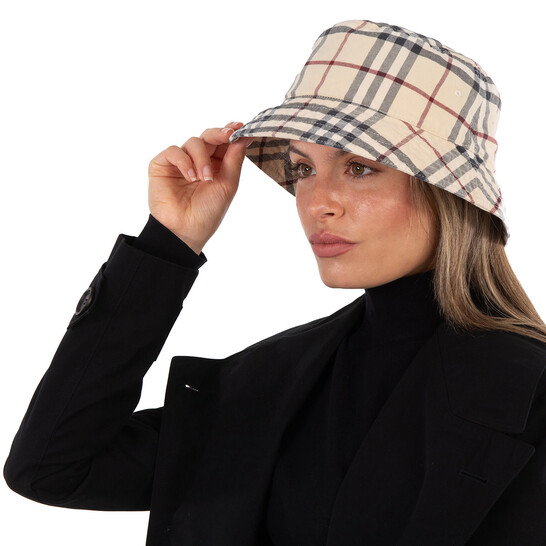 Burberry Stone Check Cotton Twill Woven Bucket Hat, Size