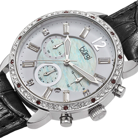 Burgi Crystal Chronograph Black Leather Mother of Pearl Dial Ladies Watch BUR089BK - 546x546 Image #2