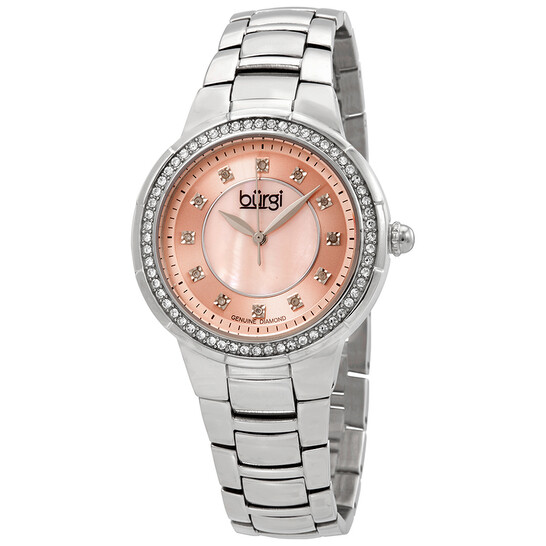 Burgi Silver-Tone Steel Pink Mother of Pearl Diamond Dial Ladies Watch BUR093PK - 546x546