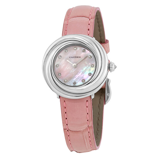 Cartier Trinity Pink Mother of Pearl Diamond Dial 18Kt White Gold Patent Leather Ladies Watch WG200846 - 546x546