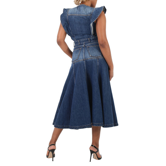 Chloé Ladies Dusky Blue Ruffled Pleated Denim Dress, Brand Size 34