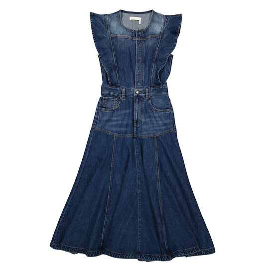 Chloé Ladies Dusky Blue Ruffled Pleated Denim Dress, Brand