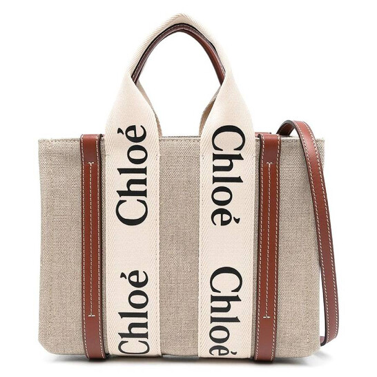 【Chloe】Mini Linen Woody Tote Bag/追跡可能/全国送料無料 Chloé Mini Woody Tote Bag In Linen in White - Brown | Chloé US