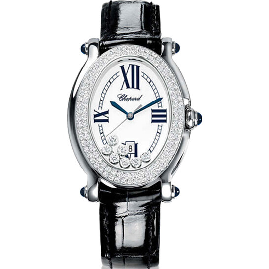 Chopard Happy Sport Oval White Diamond Dial Black Leather Ladies Watch 278953-2004 - 546x546