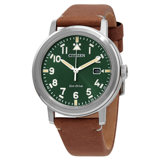 Citizen Eco-Drive Green Dial Brown Leather Men's Watch AW1620-13X