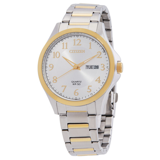CITIZEN ベージュレザー Citizen Quartz Silver Dial Two-Tone Men's Watch BF2026-89A