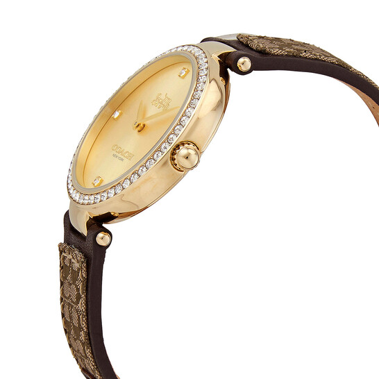Coach Jacquard Quartz Crystal Gold Dial Ladies Watch
