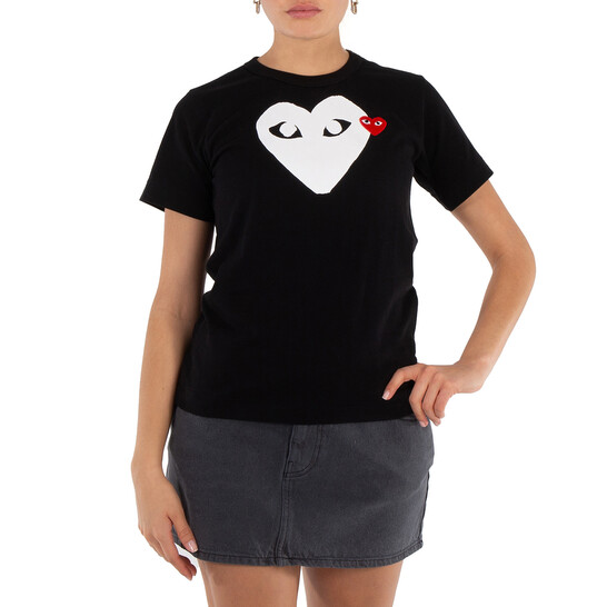 Comme Des Garcons Play Ladies Black T-shirt With Heart Print